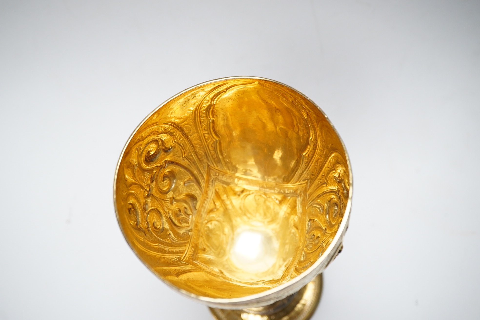 A Victorian embossed silver gilt goblet, Thomas Smily, London, 1866, 17.1cm, 6.7oz. Condition - poor to fair